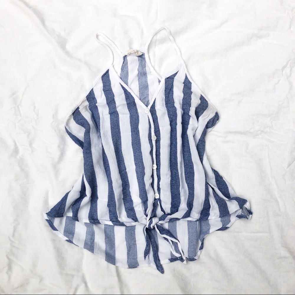 White and Blue Striped Tie Up Top